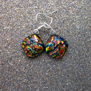 Gorgeous 3-D Effect Deep Orange Red Dichroic Glass Dangle Earrings