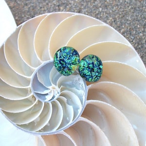 Green Dichroic Glass Sci-Fi Alien Head Stud Earrings