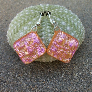 Peachy Pink Dichroic Glass Dangle Earrings image 2