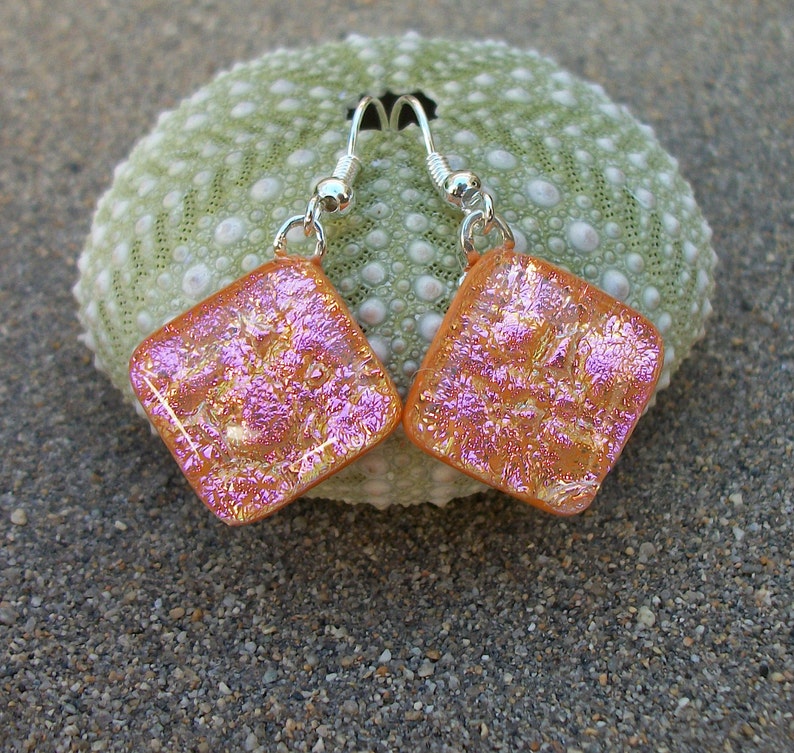 Peachy Pink Dichroic Glass Dangle Earrings image 2