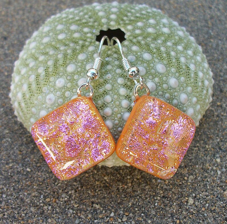 Peachy Pink Dichroic Glass Dangle Earrings image 4