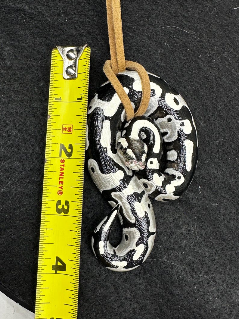 Peut inclure: Pendentif serpent enroul&eacute; avec un motif noir, blanc et gris, attach&eacute; &agrave; un cordon en cuir beige. Le pendentif mesure environ 7,6 cm de long. La t&ecirc;te du serpent est visible et le design est d&eacute;taill&eacute;. Le fond est gris fonc&eacute;.