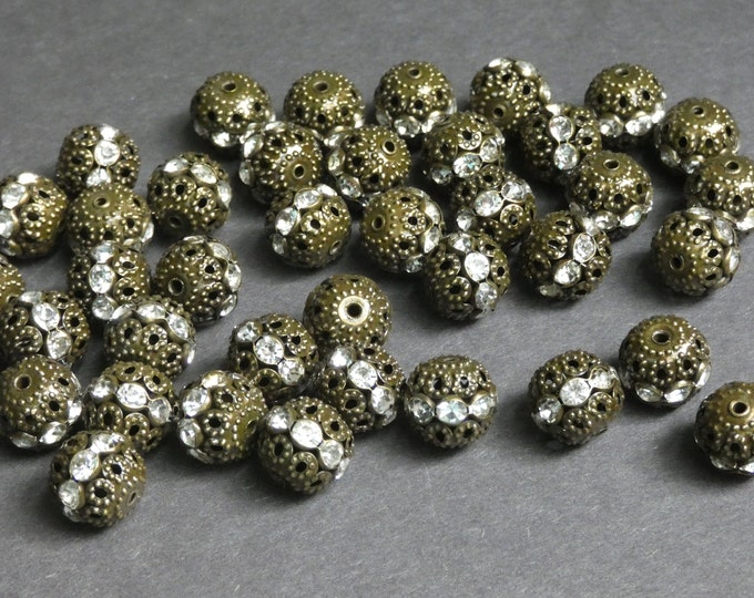 12mm Rhinestone & Brass Beads, Antiqued Bronze 10mm Ball Beads, With Clear Rhinestones, Bronze Bead With Sparkly Rhinestones, 1.5mm Hole