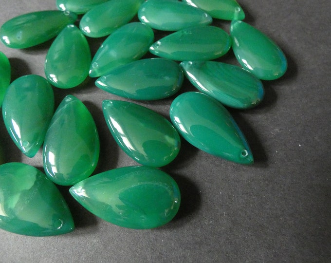 34x18mm Natural Green Agate Pendant, Dyed, Drilled, Teardrop Gemstone Charm, Polished Gem, Agate Drop, 1.6mm Hole