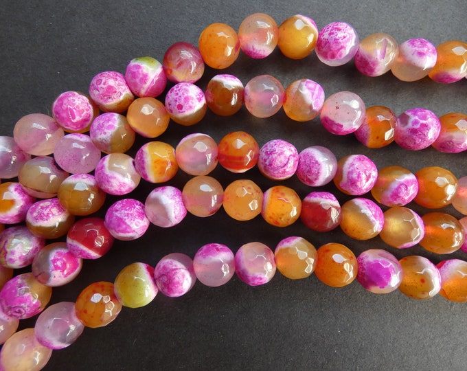 8mm Natural Fire Agate Faceted Bead Strand, Yellow and Pink, Dyed and Heated, About 47 Beads, 15 Inch Strand, Ball Bead, Round, Faceted