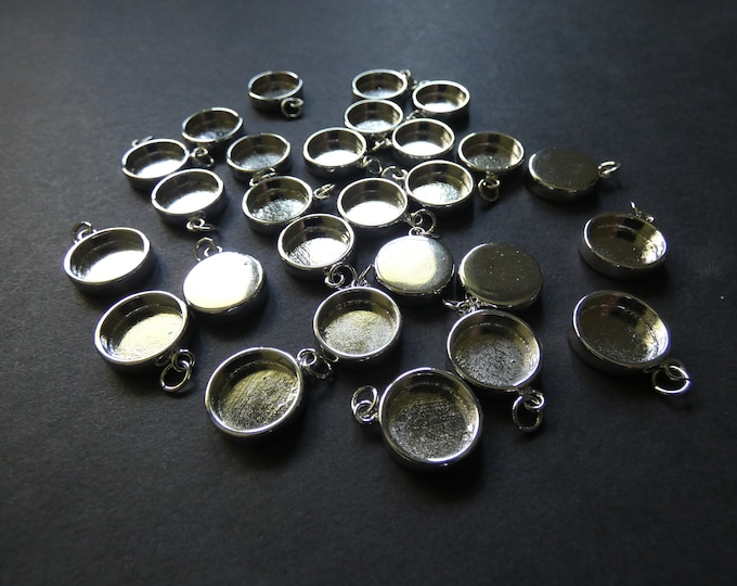 18x14.5mm Brass Cabochon Setting Charms, Platinum, 12mm Tray, 2mm Hole, Flat Round, Simple Classic Style, Silver Setting With Jump Ring
