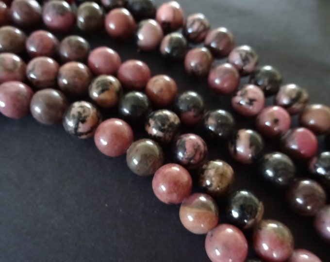 8-8.5mm Natural Rhodonite Ball Beads, 15.5 Inch Strand, About 47 Gemstone Beads, Round Stone, Pink and Black Gemstone, Marbled Pattern