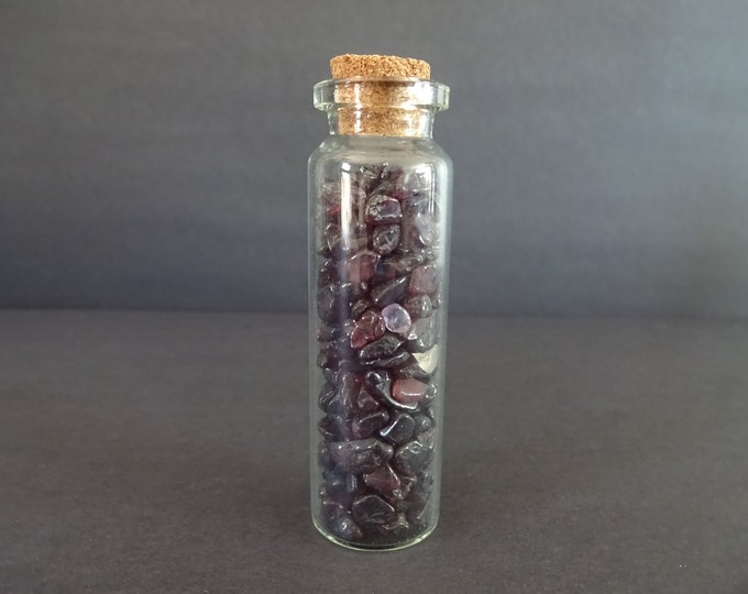 Glass Crystal Chip Jar with Garnet, Dark Red Color Gemstone, 22x71mm Glass Jar, Decoration or Pendant Piece, Cork Stopper, Wishing Bottle