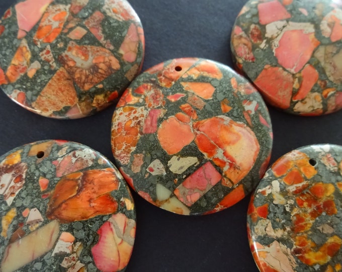 40x7mm Orange & Gold Lined Regalite Cabochon, Dyed and Synthetic, Stone Cabochon, Flat Round Gemstone Cab, Drilled, Synthetic Jasper