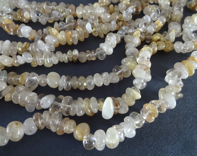 33 Inch 5-8mm Natural Rutilated Quartz Bead Strand, About 200 Beads, Shiny Natural Stone, Clear & Brown Quartz Crystal, Polished Mineral