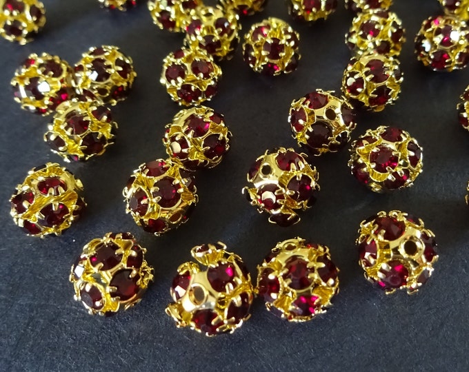 8mm Gold & Red Rhinestone Brass Beads, Round Ball Beads, Dark Red Rhinestone Bead, Colorful Rhinestone Bead, 1.5mm Hole, Rhinestone Spacer