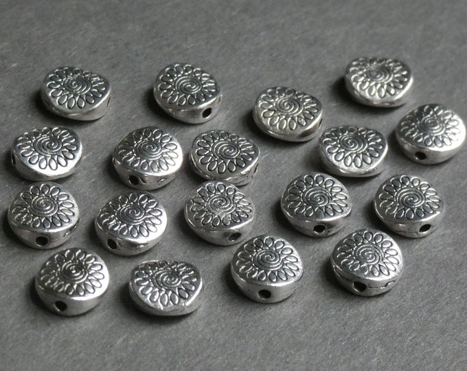 20 PACK 8.5mm Metal Flat Circle Bead, Antique Silver Color, Tibetan Style Metal Spacer, Silver Oval Bead, Flat Bead With Aztec Tribal Design