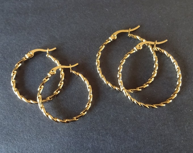 Stainless Steel Twisted Gold Hoop Earrings, Hypoallergenic, Vacuum Plated Round Hoops, Set Of Gold Earrings, Golden Hoops, 2 Size Options