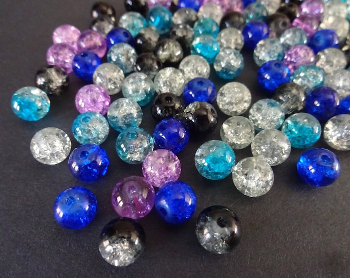 8mm Crackle Glass Ball Bead Mix, Black and Blue Mix, Mixed Lot, Transparent, Jewelry Beads, Round, Blue, Black, Light Blue and Gray Colors,