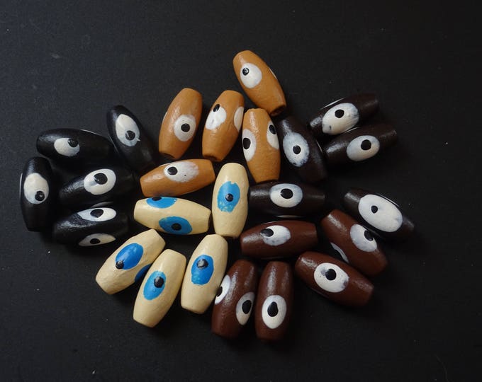 15x7mm Evil Eye Design Bead Mix, Mixed Lot Evil Eye Bead, Painted Wood, Mixed Colors, Oval Tube, 5 Colors, Boxwood Beads, Ward Off Evil