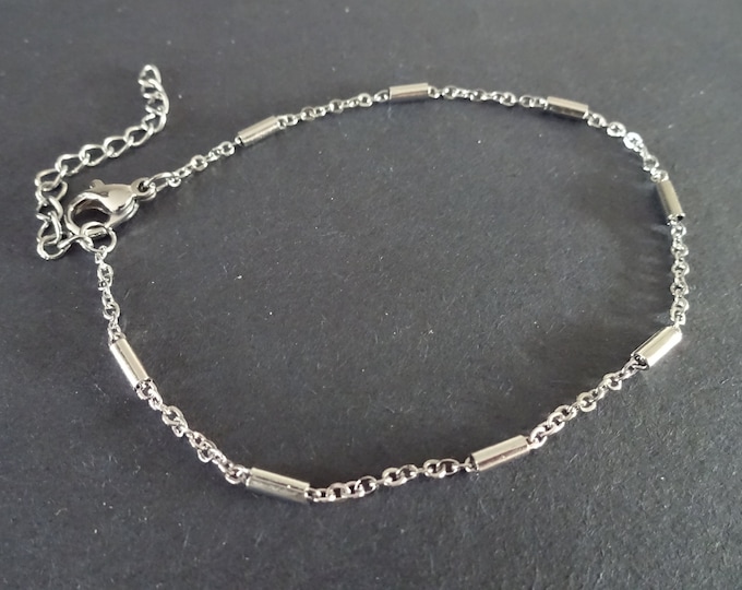 Stainless Steel Cable Chain Bracelet With Clasp & Tube Beads, Silver Chain, 7.25 Inch, Add Your Own Charms, Ready To Wear, Simple Bracelet