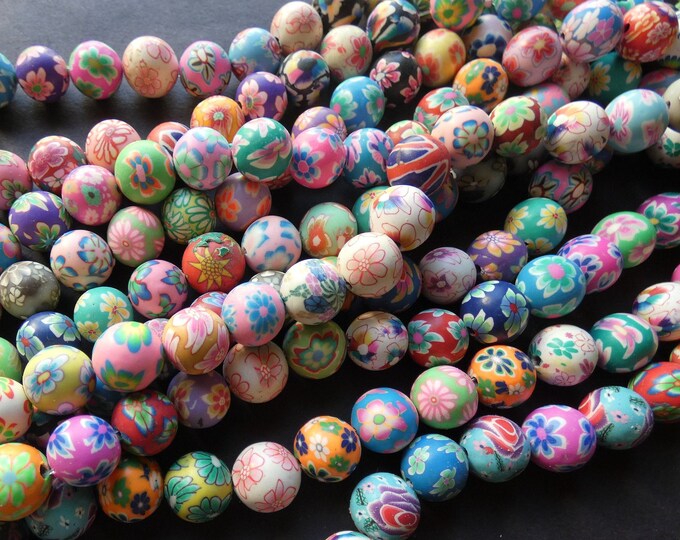 16 Inch 12mm Polymer Clay Ball Bead Strand, About 34 Beads, 12mm Round Clay Beads, Mixed Colors, Floral Patterns, Flower Design, Mixed Lot