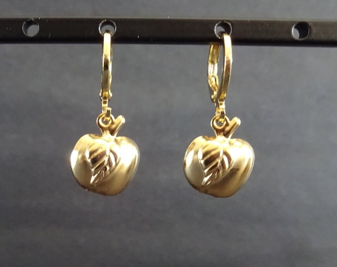 Brass & Stainless Steel Gold Huggie Hoop Apple Earrings, Hypoallergenic, Round Huggie Hoops, Set Of Gold Earrings, 26mm, Apple Charms