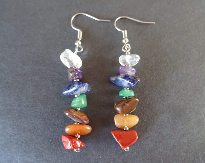 Natural Gemstone & Stainless Steel Chakra Dangle Earrings, Hypoallergenic, Fish Hook Earring, Set Of Earrings, Mixed Stone Crystal Earrings