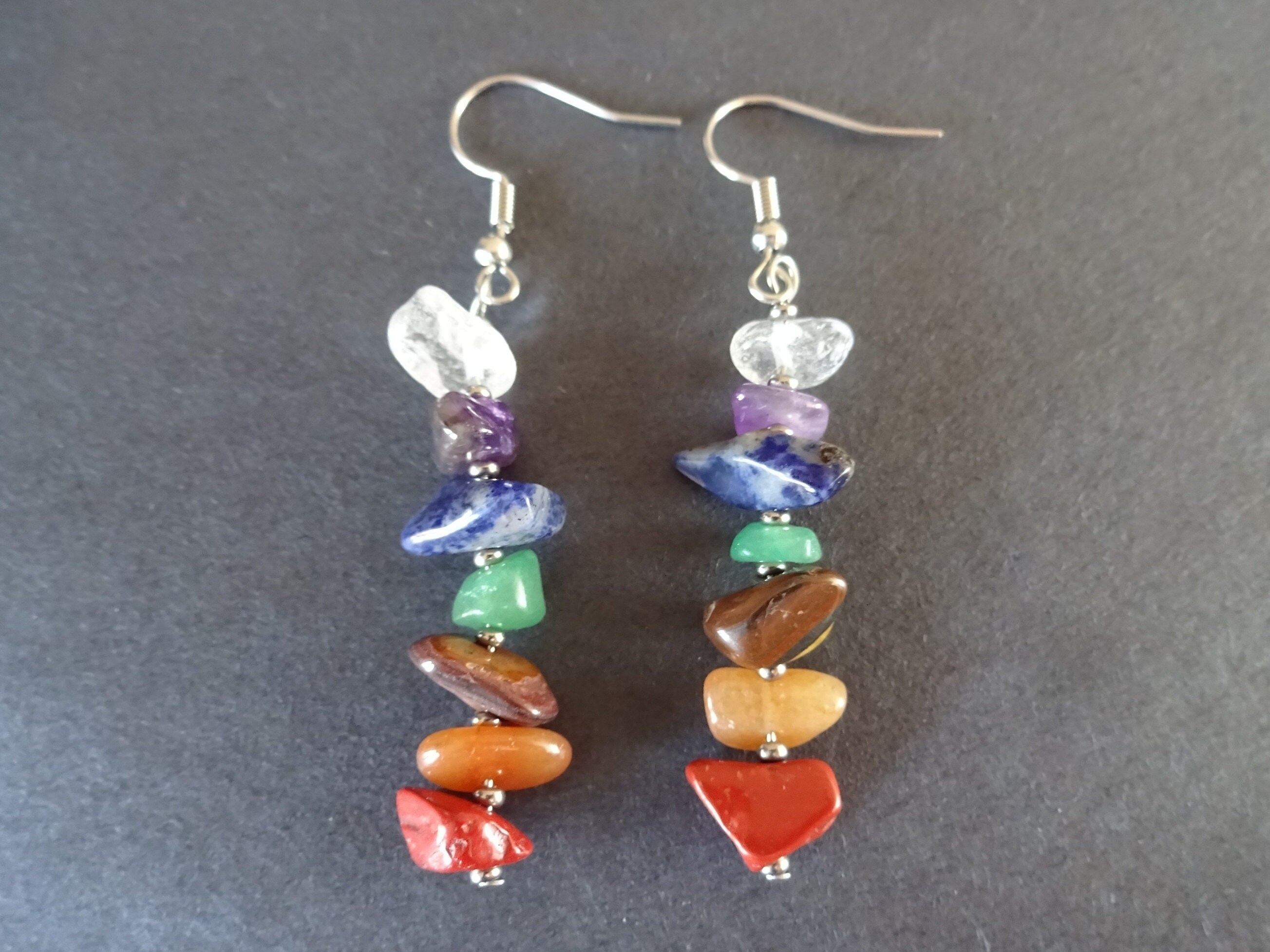 Natural Gemstone & Stainless Steel Chakra Dangle Earrings, Hypoallergenic, Fish  Hook Earring, Set Of Earrings, Mixed Stone Crystal Earrings