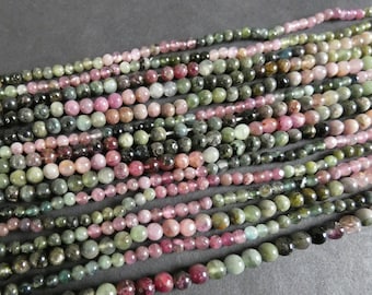 14 Inch 3mm Natural Multi-Tourmaline Bead Strand, About 110 Beads, Round Handcut Gems, Pink and Green Stone, Drilled Tourmaline, Polished