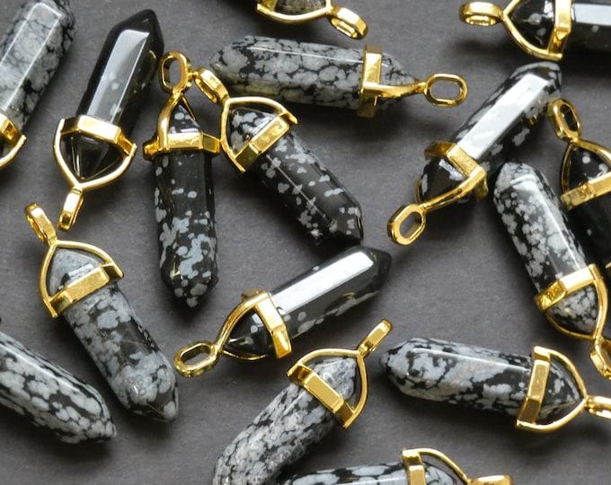 37-40mm Natural Snowflake Obsidian Pendant With Alloy, Faceted, Bullet Shaped, Polished Gem, Gemstone Jewelry Pendant, Black & Golden Metal