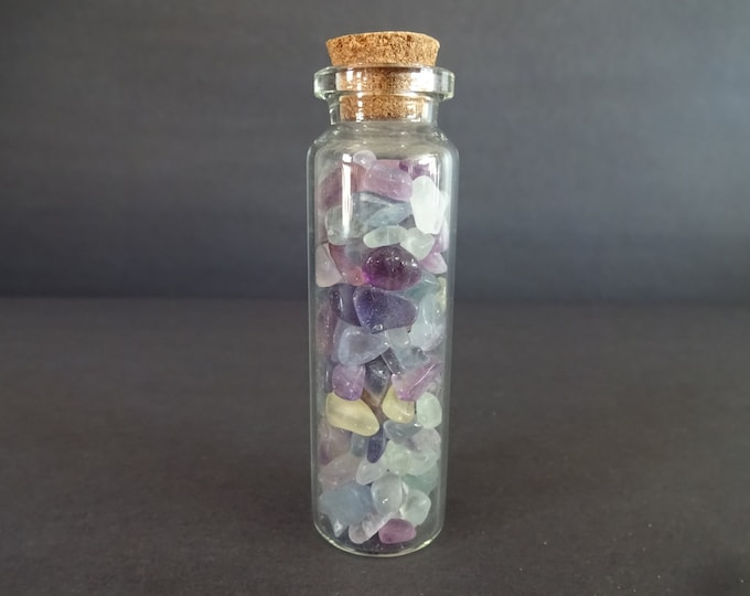 Glass Crystal Chip Jar with Fluorite, Mixed Color Gemstone, 22x71mm Glass Jar, Purple and Green Gems, Cork Stopper, Wishing Bottle