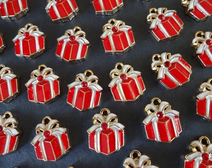 17.5mm Metal & Rhinestone Christmas Gift Charm, Gold Christmas Charms, Xmas Charm Lot, Sparkly Red Chrisrmas Present