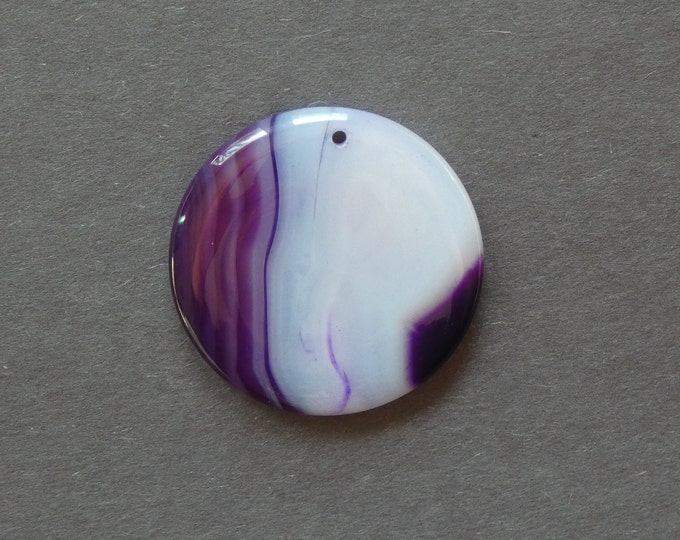 40x7mm Natural Striped Agate Pendant, Banded Agate, Gemstone Pendant, Purple, Dyed, One of a Kind, Large Flat Round Pendant, Agate Charm