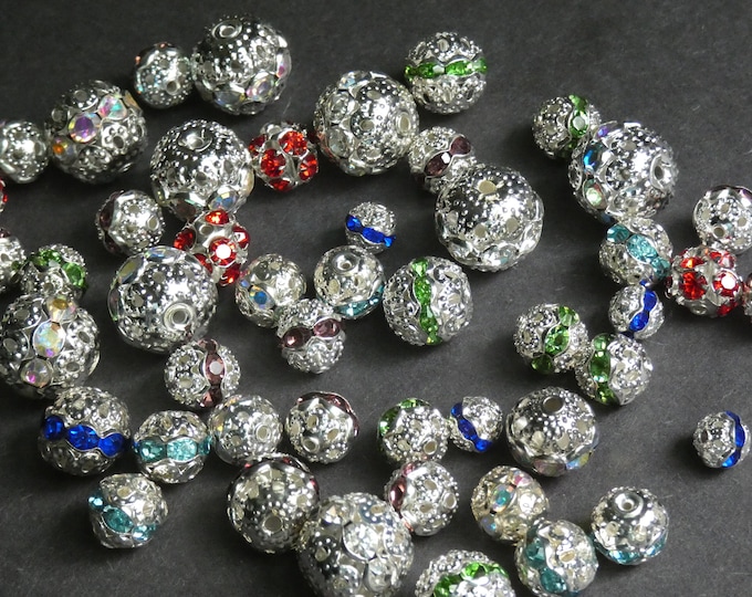 25 PACK of 8-17x4-14mm Brass & Rhinestone Round Beads, Silver Metal with Glass Rhinestones, Mixed Sizes and Colors, Mixed Lot, Lightweight