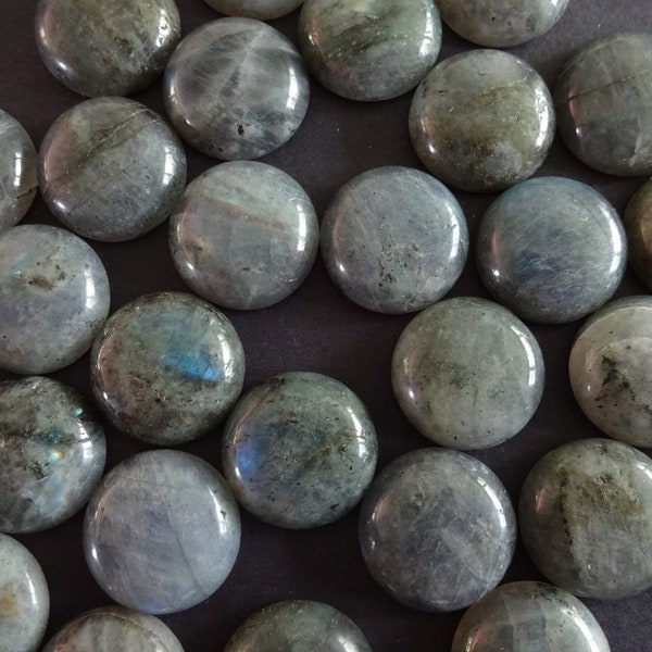 20mm Natural Labradorite Dome Cabochon, Half Round Gemstone, Polished Gem, Mixed Color Gem, Unique Stone, Translucent Gray With Blue