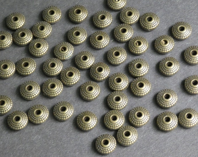 50 PACK 8x4mm Alloy Metal Bicone Spacer Bead, Metal Bead, Metal Bicone Spacer, Antiqued Bronze Bead, Bicone Saucer Bead, 1.5mm Hole, Texture