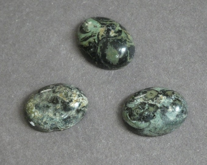 3 Pack 20x15mm Oregon Pea Stone Cabochons, Gray and Green With Swirls, Swirled Oval Cabochon, Gemstone Cabochon Set, Unique 3pk Cabochons