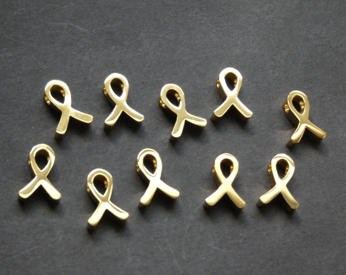 304 Stainless Steel 12mm Cancer Ribbon Charm, 1.8mm Hole, Cancer Awareness Pendant, Bright Gold Color, Cancer Survivor Jewelry Charm