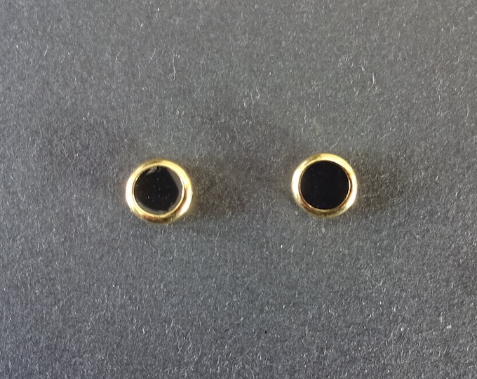 Stainless Steel & Enamel Round Stud Earrings, Gold and Black, Hypoallergenic, 6x2mm, Set Of Earrings, Circle Earrings, Black Unisex Studs