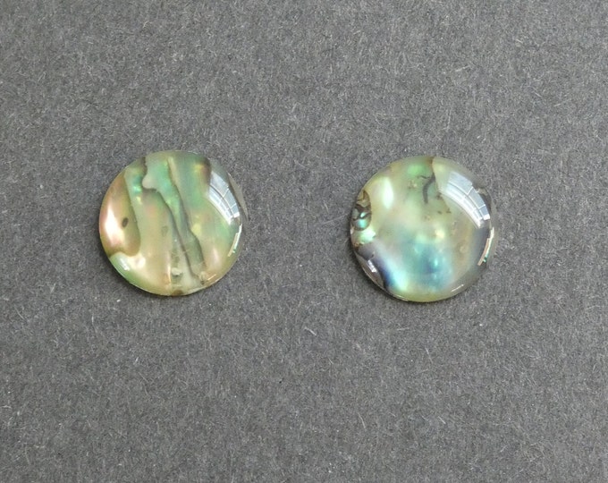 2 PACK 15mm Natural Paua Shell Cabochons, Coated Seashell Round Cabs, Green and Iridescent, As Seen In Image, Only One Set Available