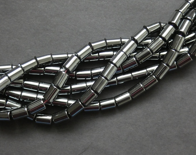 16 Inch Strand Synthetic Hematite Tube Bead Strand, Hemalyke, About 50 Beads, Non Magnetic, 8x6mm Round Tube, Metallic Bead, Gunmetal