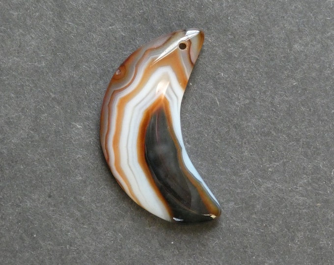 46x6mm Natural Brazilian Agate Pendant, Gemstone Pendant, One of a Kind, Large Moon, Brown & White, Dyed, Only One Available, Unique