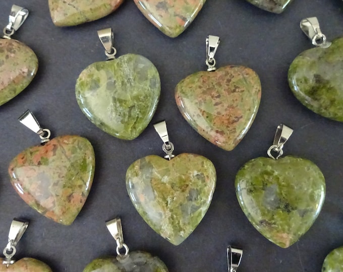 22-23mm Natural Unakite Heart Pendant With Brass Loop, Green & Pink Heart Charm, Jasper Crystal Pendant, Unakite Jasper, Gemstone Heart