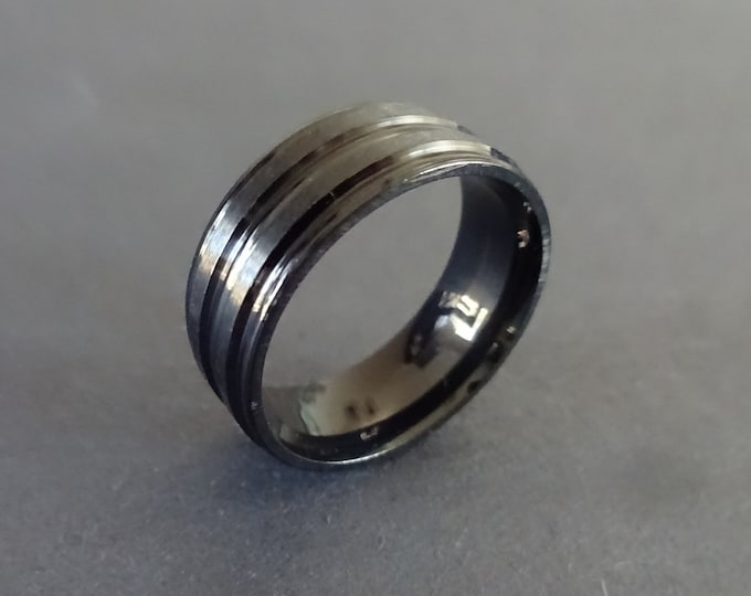 Stainless Steel Matte Black Band, 8mm Lined Black Ring, Size 6-13, Handcrafted Steel Ring, Unisex Ring, Wedding and Engagement Ring