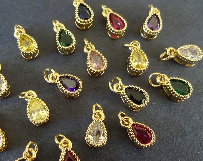 PACK OF 9x5mm 18K Gold Plated Brass & Cubic Zirconia Teardrop Charms, With Jump Rings, Mixed Color Rhinestones, Gold Pendant, Tiny Charms