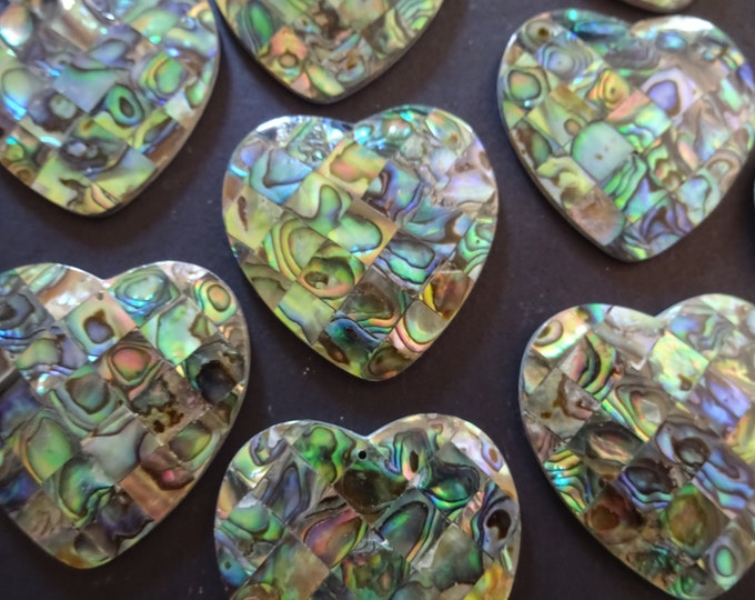 35-40mm Natural Abalone and Paua Shell Pendant, Drilled Heart Shape, Polished Gem, Large Charms, Gemstone Jewelry, Green Mosaic Pattern