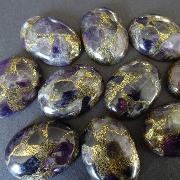 30x22mm Natural Gold Lined Amethyst Cabochon, Oval Cabochon, Polished Stone, Stone Cabochon, Natural Gemstone, Mineral, Purple and Gold