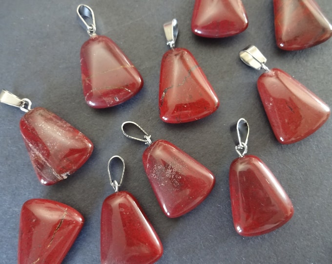 25x17mm Natural Brecciated Jasper Trapezoid With Stainless Steel Bail, Trapezoid Pendant, Polished Gemstone Jewelry, Deep Red, Stone Charm