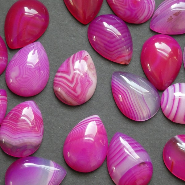 25x18mm Natural Agate Cabochon, Dyed, Teardrop Shape, Polished Gem, Pink Striped Agate Gemstone, Natural Stone, White & Pink Agate Cab