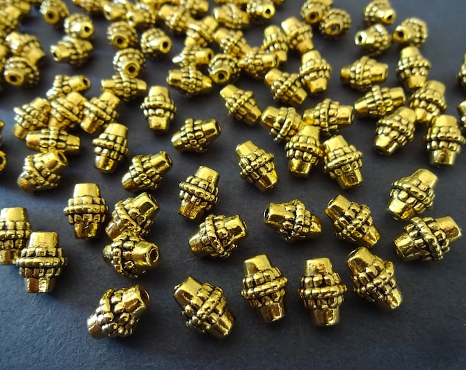 10x8mm Tibetan Alloy Metal Bicone Beads, Antique Gold Color, Tibetan Style Metal Spacer, Gold Bicone Spacer Bead, Detailed Antiqued Bicones