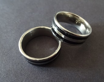 Edelstahl Ring mit Emaille Bänder, Silber & Schwarz, Doppel Emaille Band Ring, Minimalistisch, Silber Edelstahl Ring, Metall Ring