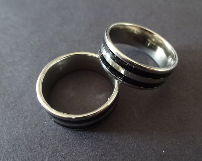 Stainless Steel Ring With Enamel Bands, Silver & Black, Double Enamel Band Ring, Minimalist, Silver Stainless Steel Ring, Metal Ring