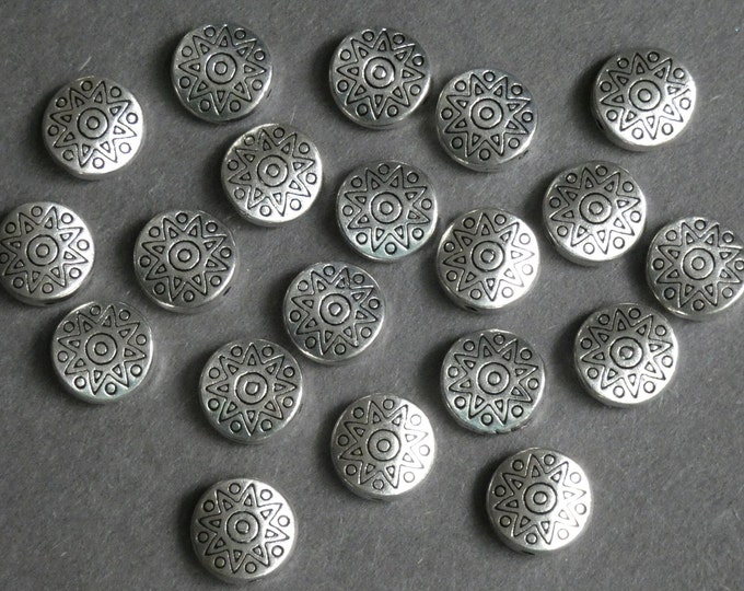 20 PACK 10mm Metal Flat Circle Bead, Antique Silver Color, Tibetan Style Metal Spacer, Silver Oval Bead, Flat Bead With Aztec Tribal Design