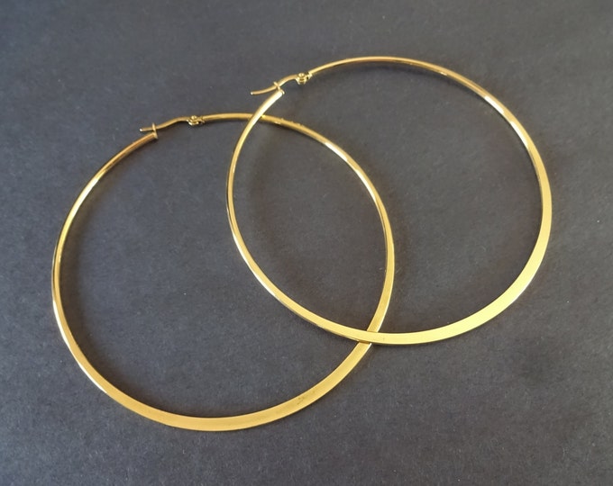 Large Stainless Steel Flat Gold Hoop Earrings, Hypoallergenic, 89x83mm, Flat Round Hoops, Set Of Gold Earrings, Minimalist Classic Style